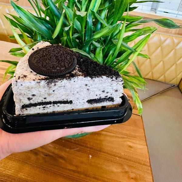 A hand holds a slice of cookies and cream cake with an Oreo on top, against a plant and wooden table.